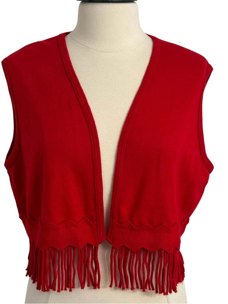 Sag Harbor Dress Women's Sleeveless Open Front Cropped Fringe Knit Vest Red Sz L